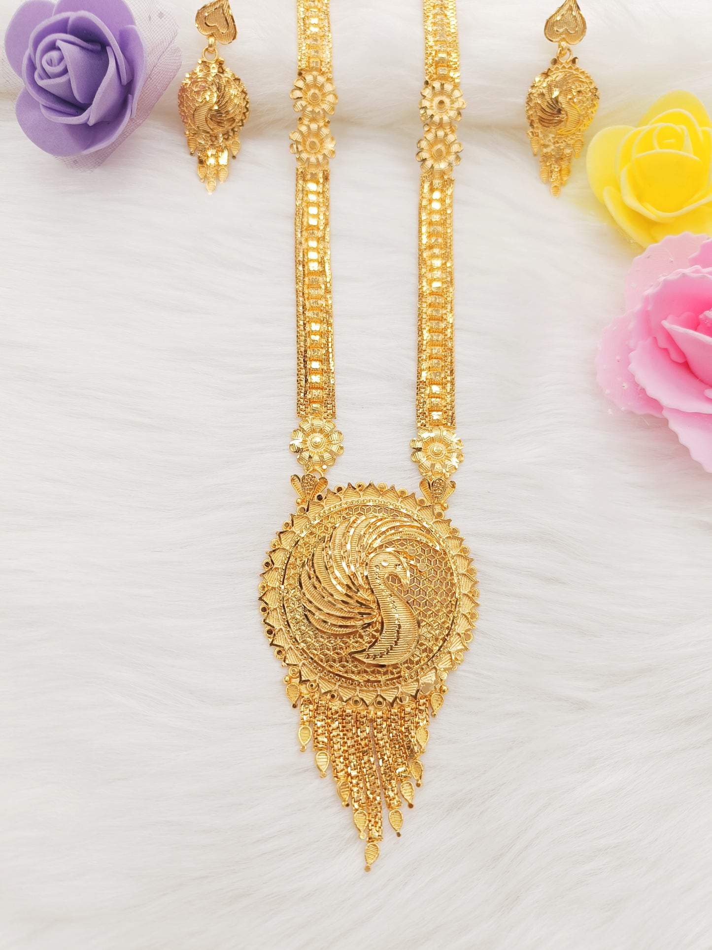 One gram gold plated peacock design long necklace set for women