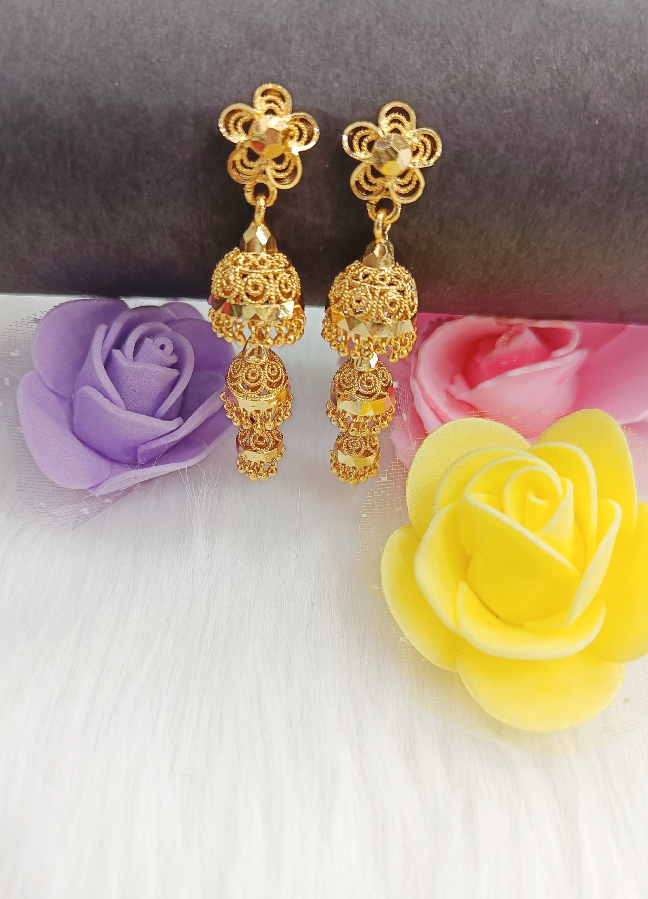 Amyra Golden Pearl Drops Three Layer Jhumka Temple Earrings, pearl drops