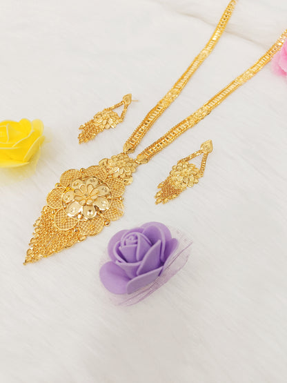 Floral Pattern up to One Gram Gold Plated Long Necklace set