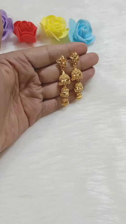 Gold Plated 3 layer Jhumka Ear Rings